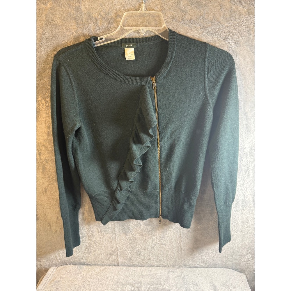 J.Crew Cardigan Womens Medium Green Excellent Merino Wool Ruffle Zip Up Sweater